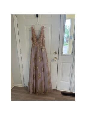 Blondie Nites Dusty Mauve Prom Gown with Gold Sequin